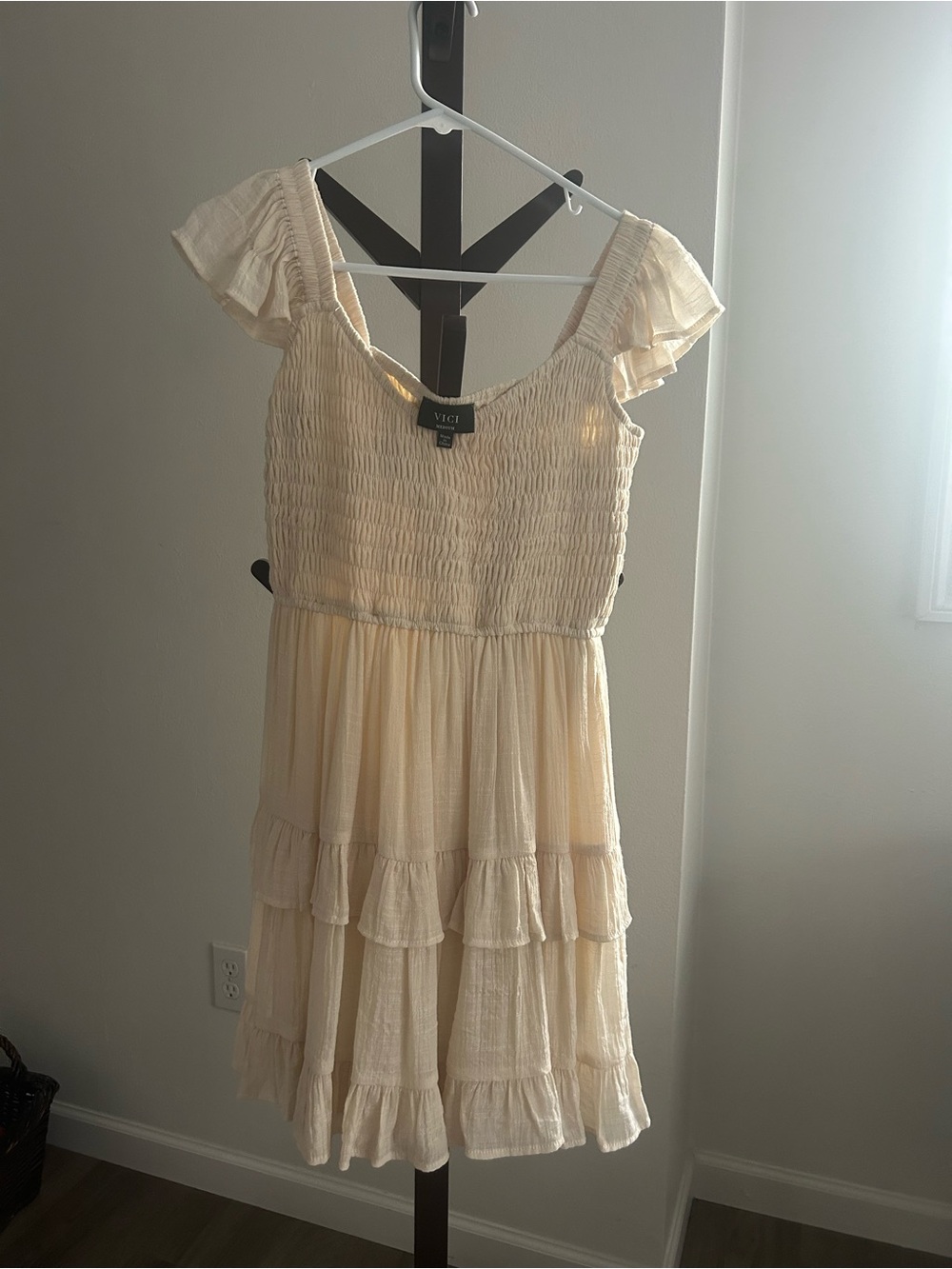 VICI Cream Smocked Tiered Ruffle Mini Dress